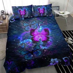Cystic Fibrosis Quilt Bedding Set, Cystic Fibrosis Awareness Butterfly Faith Hope Love Blue Quilt Blanket With Pillowcases, Duvet Cover Set