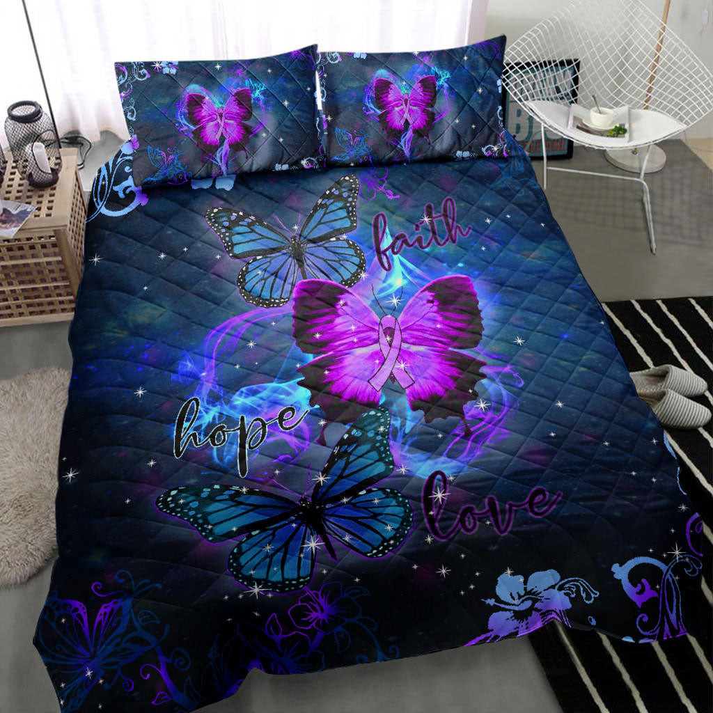 Cystic Fibrosis Quilt Bedding Set, Cystic Fibrosis Awareness Butterfly Faith Hope Love Blue Quilt Blanket With Pillowcases, Duvet Cover Set