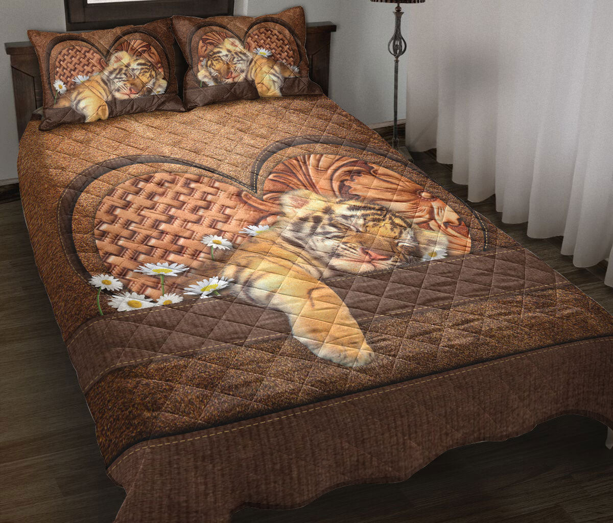 Tiger Quilt Bedding Set, Baby Tiger Flower Wild Quilt Blanket With Pillowcases, Duvet Cover Set