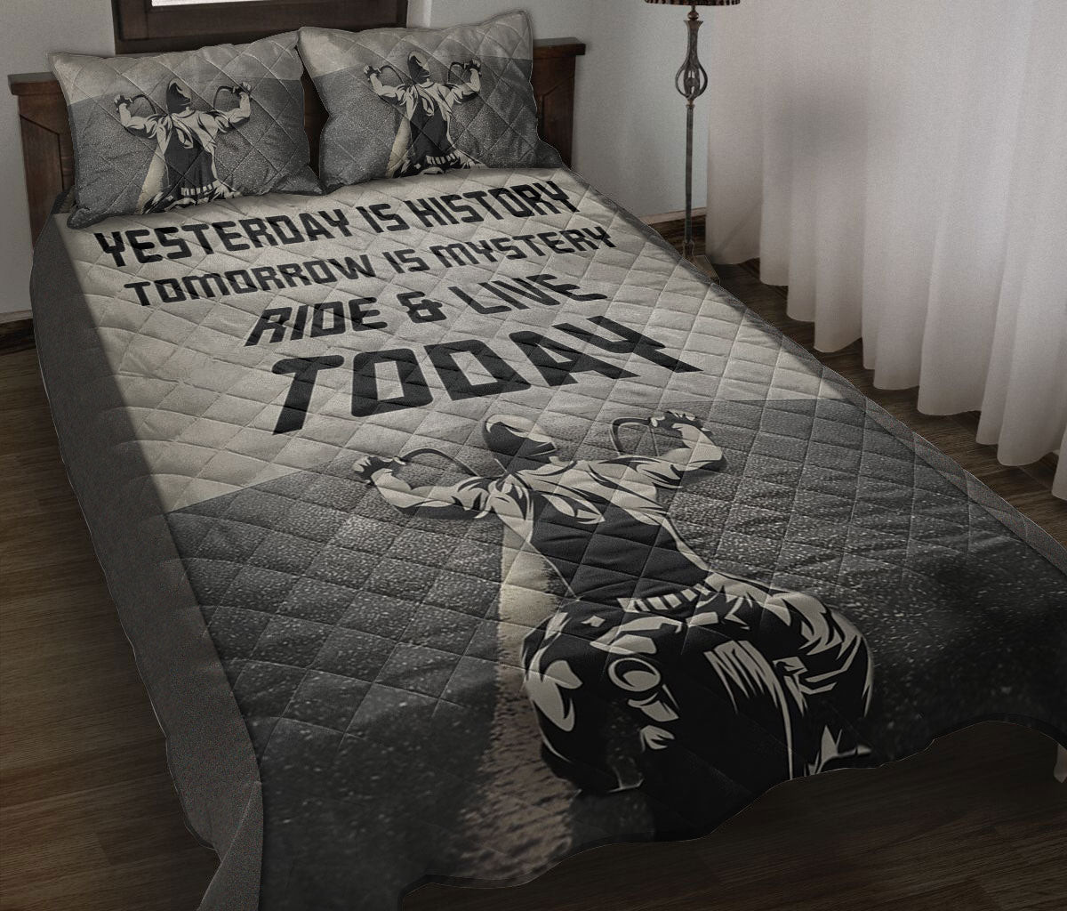 Biker Quilt Bedding Set, Biker Yesterday Is History Ride & Live Today Biker Black & White Quilt Blanket With Pillowcases, Duvet Cover Set