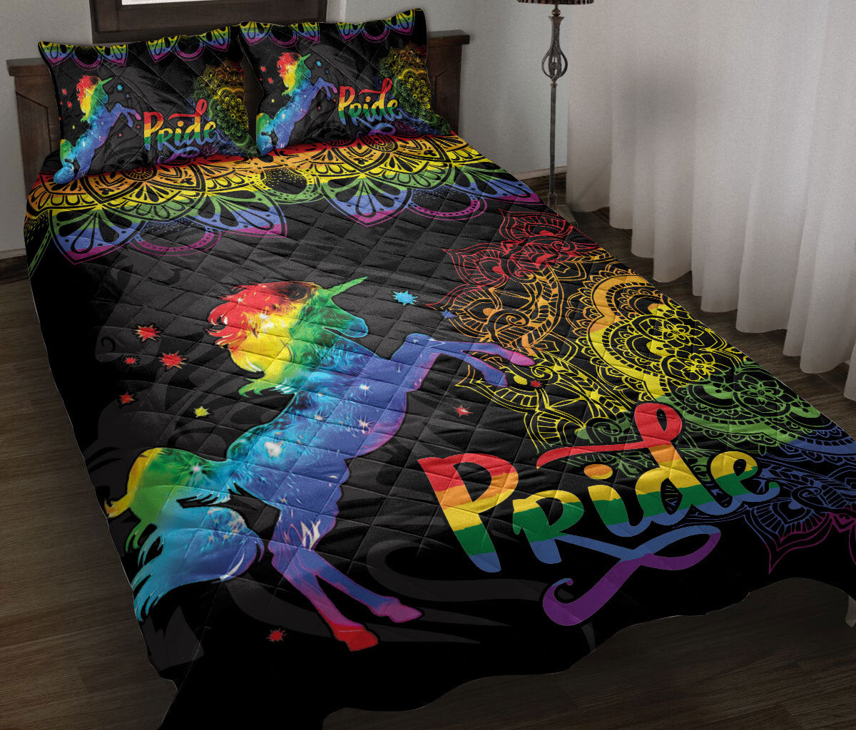 LGBT Quilt Bedding Set, Rainbow Mandala Unicorn Lgbt Pride Quilt Blanket With Pillowcases, Duvet Cover Set