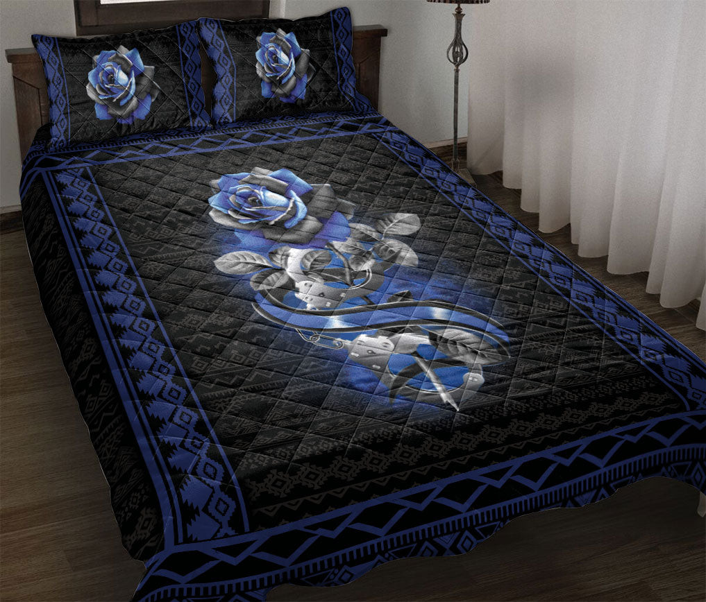 Police Quilt Bedding Set, Bo Ho Blue Rose Handcufff Police Back The Blue Quilt Blanket With Pillowcases, Duvet Cover Set