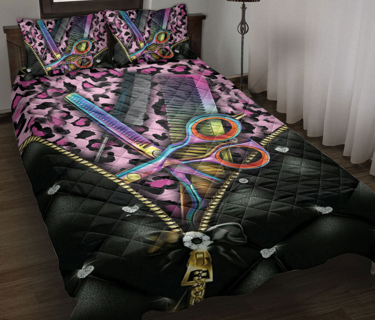 Hairdresser Quilt Bedding Set, Hairdresser Tools Black & Pink Hairdresser Quilt Blanket With Pillowcases, Duvet Cover Set
