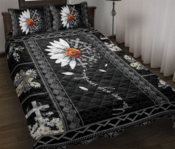 Christian, Jesus, God, Bible Quilt Bedding Set, Black White Daisy God JesusYou Are My Sunshine Crossian Quilt Blanket With Pillowcases, Duvet Cover Set
