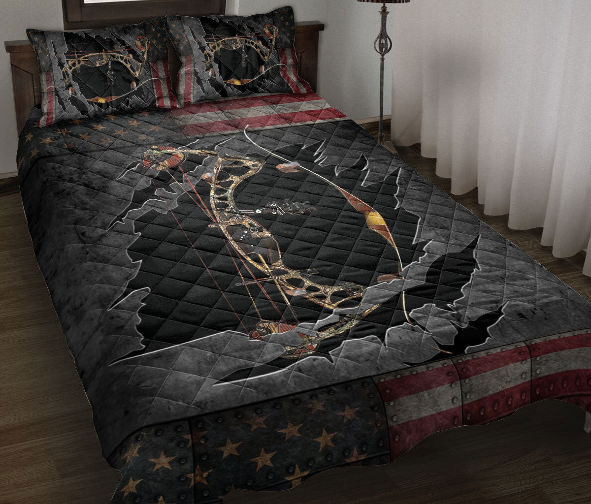 Hunting Quilt Bedding Set, Deer Hunting Us Flag With Hunting Quilt Blanket With Pillowcases, Duvet Cover Set