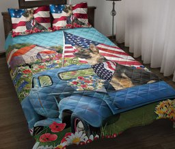 German Shepherd Quilt Bedding Set, German Shepherd In Car Patriotic Dog Us Flag Flower Spring Quilt Blanket With Pillowcases, Duvet Cover Set