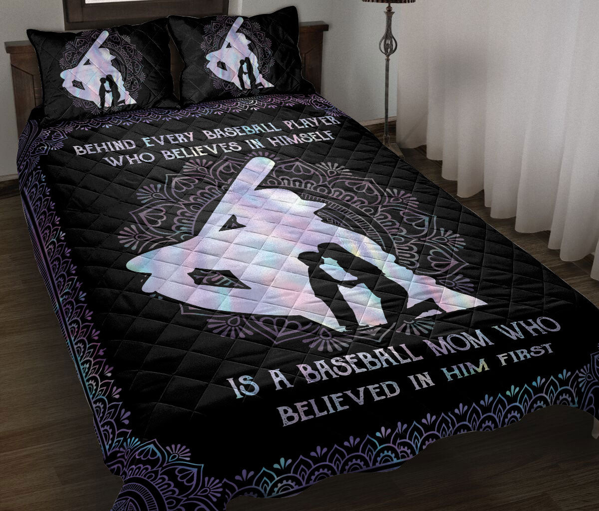 Baseball Quilt Bedding Set, Behind Baseball Player Mom Believe In Him Quilt Blanket With Pillowcases, Duvet Cover Set, Sports Gifts