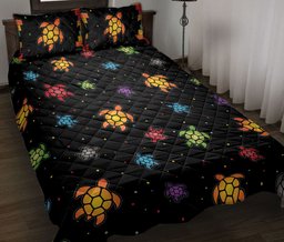 Turtle Quilt Bedding Set, Little Sea Turtle On The Sky Colorful Sea Turtle Ocean Quilt Blanket With Pillowcases, Duvet Cover Set
