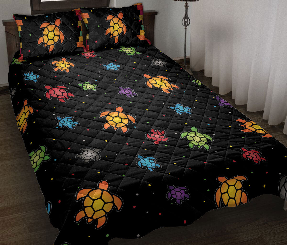 Turtle Quilt Bedding Set, Little Sea Turtle On The Sky Colorful Sea Turtle Ocean Quilt Blanket With Pillowcases, Duvet Cover Set