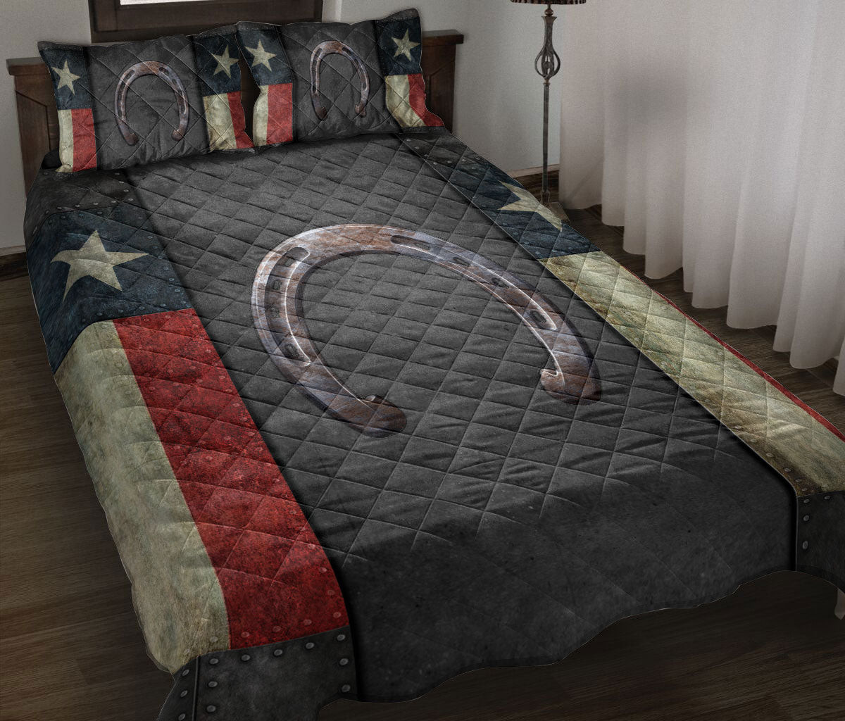 Cowboy Quilt Bedding Set, Western Texas Horseshoe Wild West Cowboy Cowgirl Texas Flag Black Quilt Blanket With Pillowcases, Duvet Cover Set
