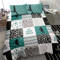Soccer Quilt Bedding Set, America Soccer Boy Eat Sleep Soccer Patchwork Green Quilt Blanket With Pillowcases, Duvet Cover Set
