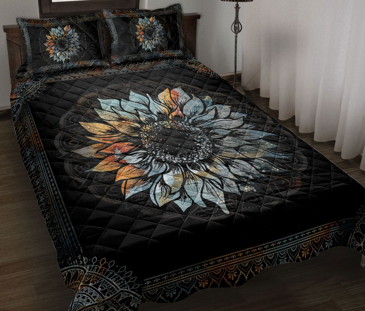 Sunflower Quilt Bedding Set, Sunflower Mandala Flower Gif Floral Leaf Quilt Blanket With Pillowcases, Duvet Cover Set