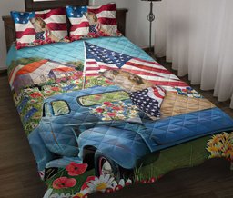 Bulldog Quilt Bedding Set, Bulldog In Car Patriotic Dog Us Flag Flower Spring Country Road Quilt Blanket With Pillowcases, Duvet Cover Set