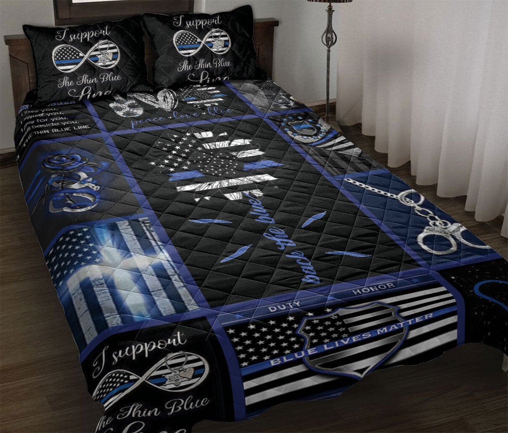 Police Quilt Bedding Set, Patchwork Thin Blue Line Heart Sunflower Police Blue Black Quilt Blanket With Pillowcases, Duvet Cover Set