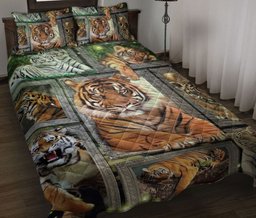 Tiger Quilt Bedding Set, Tiger Frame Patchwork Floralest Quilt Blanket With Pillowcases, Duvet Cover Set