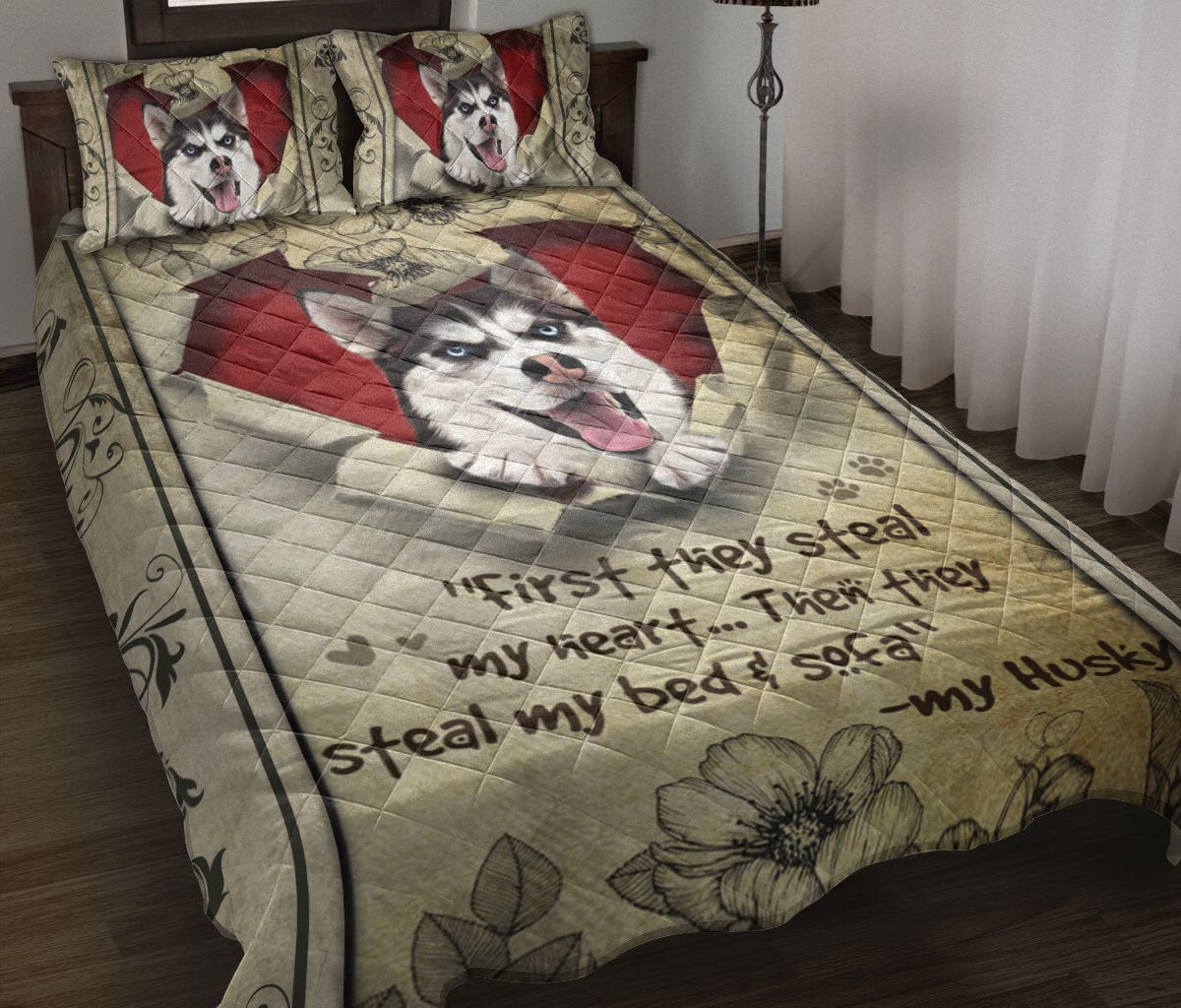 Husky Quilt Bedding Set, Husky Sibir Dog They Steal My Heart Floral Beige Dog Puppy Quilt Blanket With Pillowcases, Duvet Cover Set