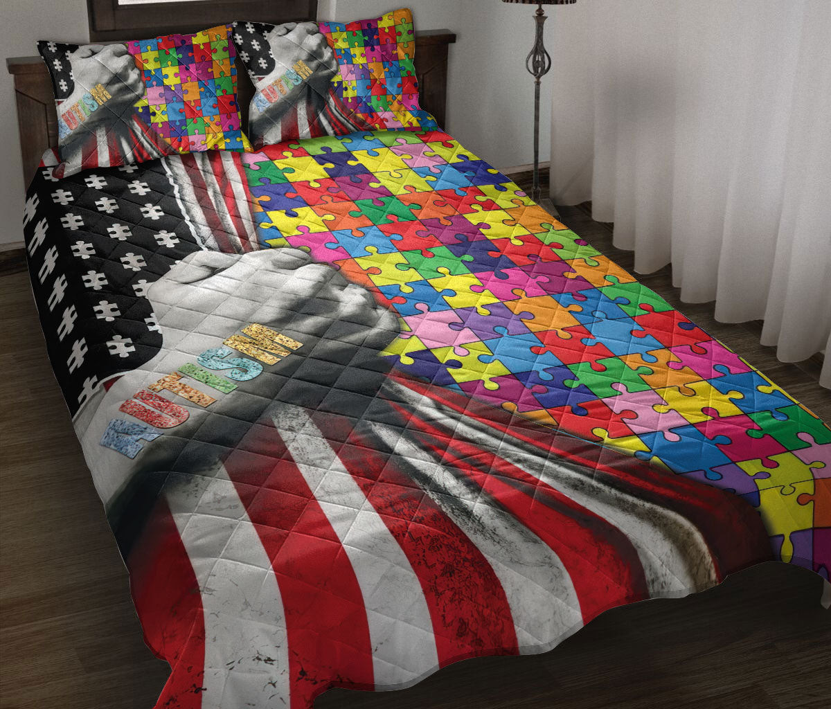 Autism Quilt Bedding Set, Autism Awareness Asd American Us Flag Support Quilt Blanket With Pillowcases, Duvet Cover Set