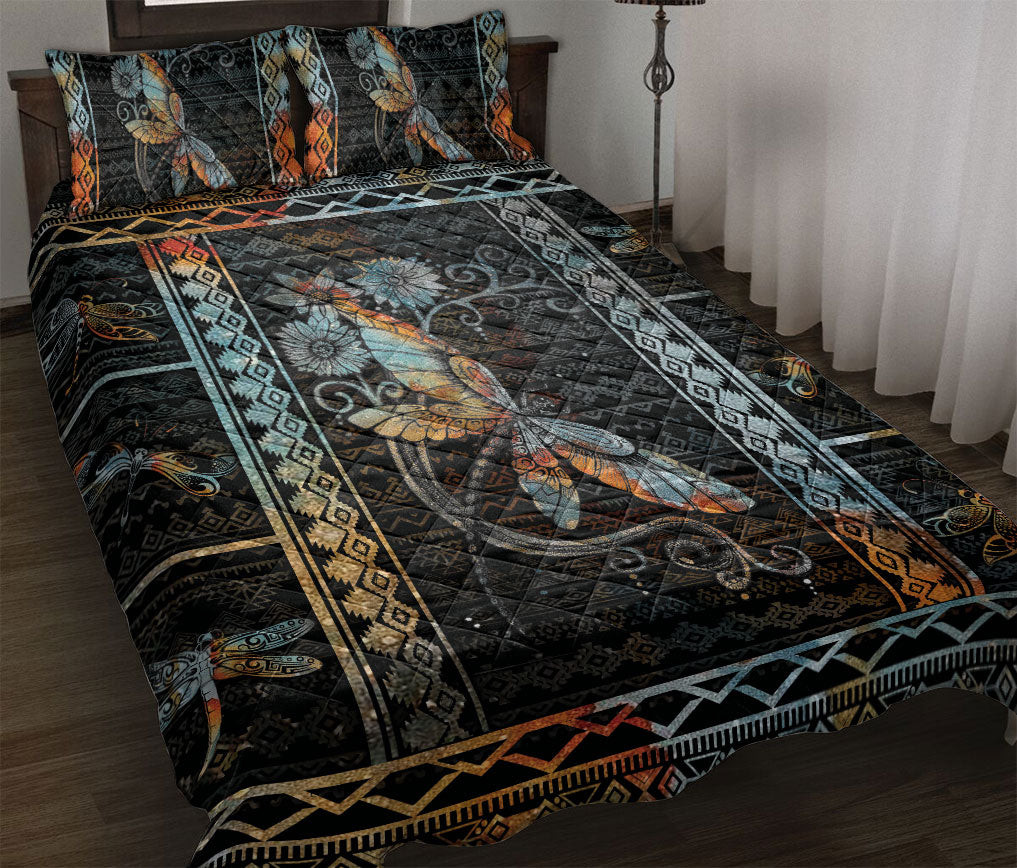 Dragonfly Quilt Bedding Set, Dragonfly Flower Patchwork Black Quilt Blanket With Pillowcases, Duvet Cover Set