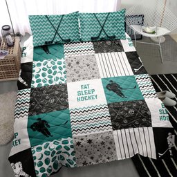 Hockey Quilt Bedding Set, America Hockey Boy Eat Sleep Hockey Patchwork Green Quilt Blanket With Pillowcases, Duvet Cover Set