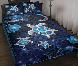 Turtle Quilt Bedding Set, Turtle On The Sky Blue Flower And Moon Quilt Blanket With Pillowcases, Duvet Cover Set