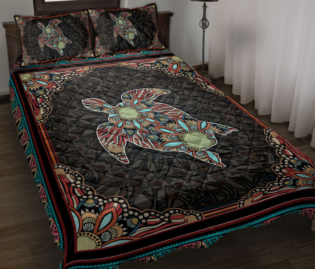 Turtle Quilt Bedding Set, American Native Sea Turtle Style Quilt Blanket With Pillowcases, Duvet Cover Set
