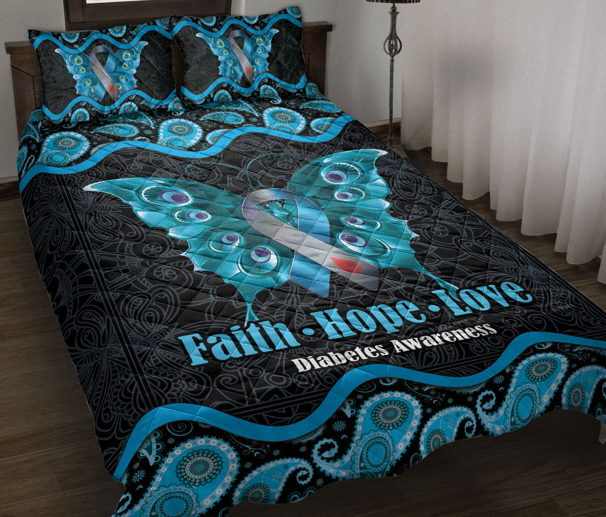 Diabetes Quilt Bedding Set, Diabetes Awareness Butterfly Blue Mandala Quilt Blanket With Pillowcases, Duvet Cover Set