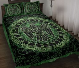 Viking Quilt Bedding Set, Raven Rune Viking Huginn Muninn Norse Nordic Mythology Black Green Quilt Blanket With Pillowcases, Duvet Cover Set