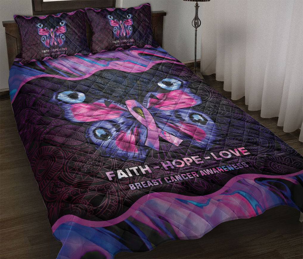 Breast Cancer Quilt Bedding Set, Mandala Pink Moth Butterfly Faith Hope Love Breast Cancer Awareness Quilt Blanket With Pillowcases, Duvet Cover Set