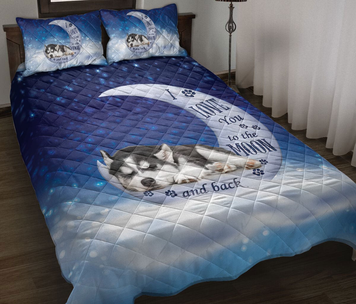 Husky Quilt Bedding Set, Sleeping Husky Sibir I Love You To The Moon And Back Dog Puppy Quilt Blanket With Pillowcases, Duvet Cover Set