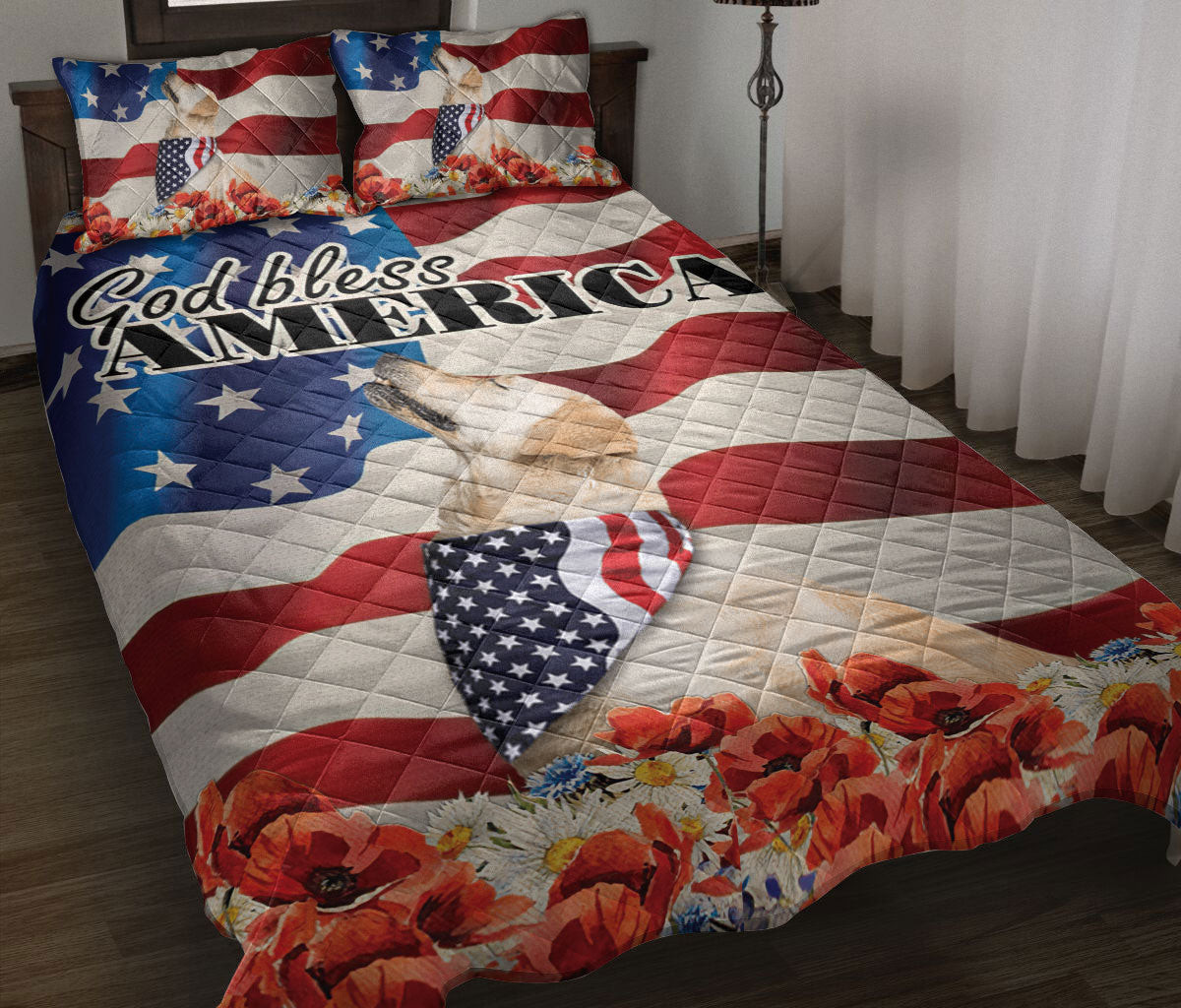 Golden Retriever Quilt Bedding Set, Golden Retriever Patriotic Dog God Bless Us Flag Quilt Blanket With Pillowcases, Duvet Cover Set