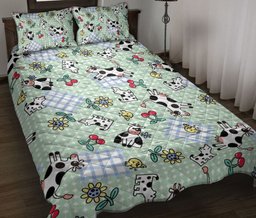 Cattle Quilt Bedding Set, Cute Dairy Cow Cattle Cow Farm Floral Blue Quilt Blanket With Pillowcases, Duvet Cover Set