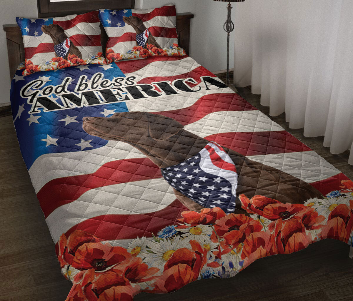 Quilt Bedding Set, Chocolate Labrador Patriotic Dog God Bless Us Flag Quilt Blanket With Pillowcases, Duvet Cover Set