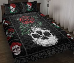 Skull Quilt Bedding Set, Death Skull And Rose Flower Quilt Blanket With Pillowcases, Duvet Cover Set