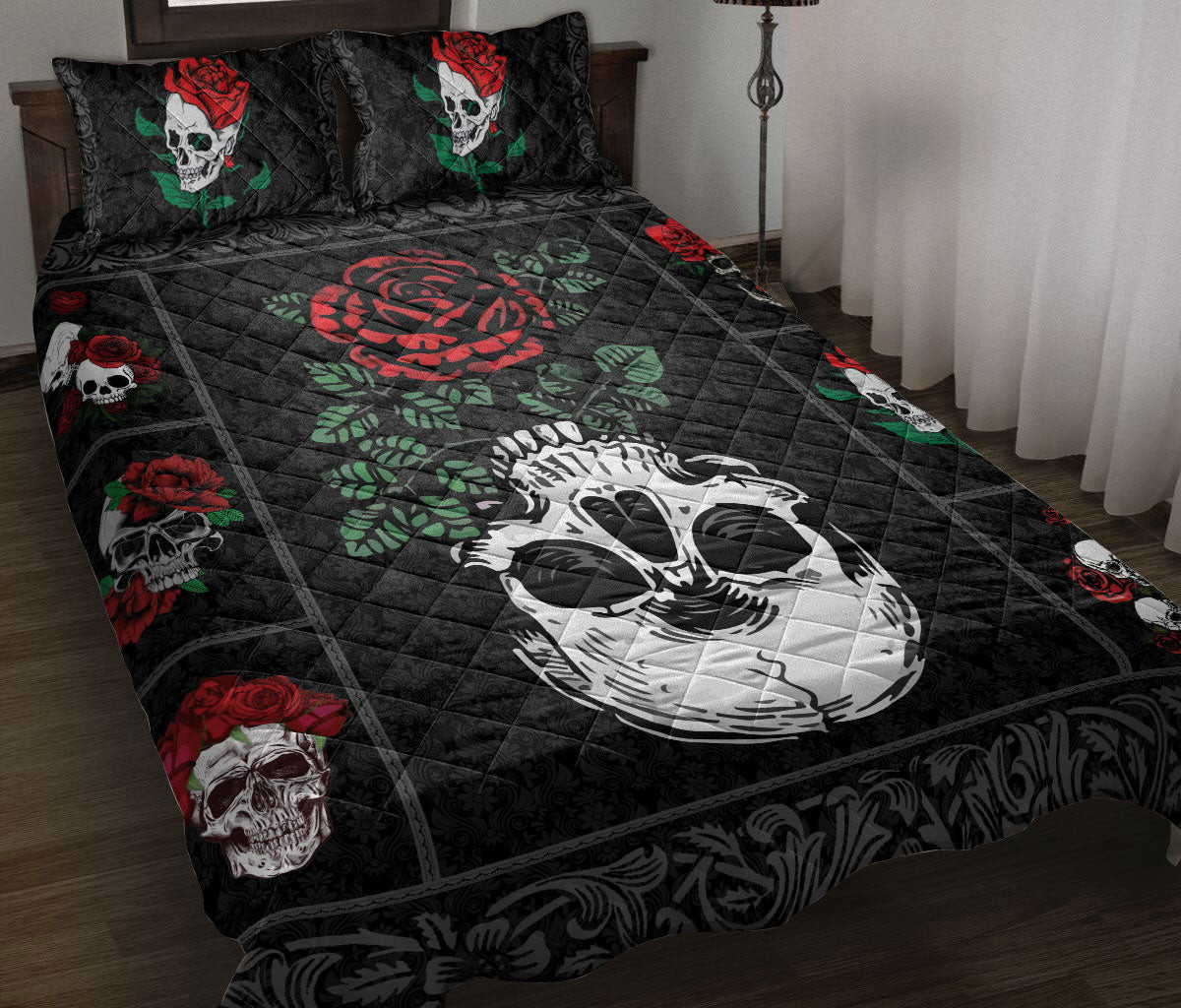 Skull Quilt Bedding Set, Death Skull And Rose Flower Quilt Blanket With Pillowcases, Duvet Cover Set