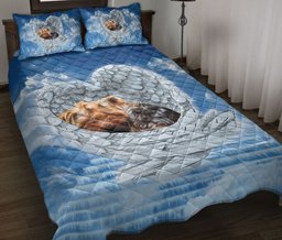 Yorkshire Quilt Bedding Set, Yorkshire Terrier Yorkie Sleeping Angel Wingss Dog Puppy Blue Quilt Blanket With Pillowcases, Duvet Cover Set