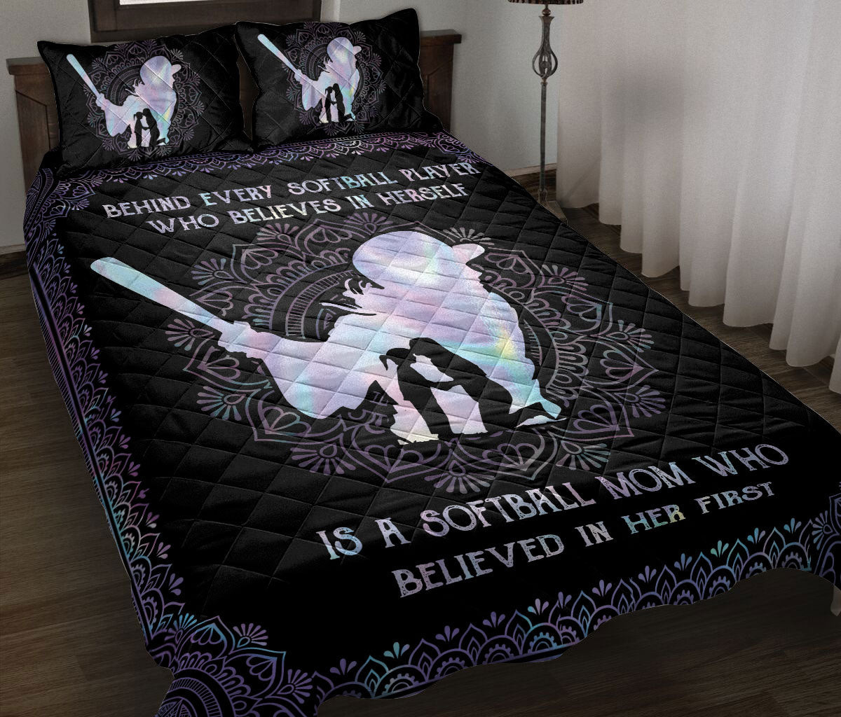 Softball Quilt Bedding Set, Behind Softball Player, Mom Believe In Her Quilt Blanket With Pillowcases, Duvet Cover Set