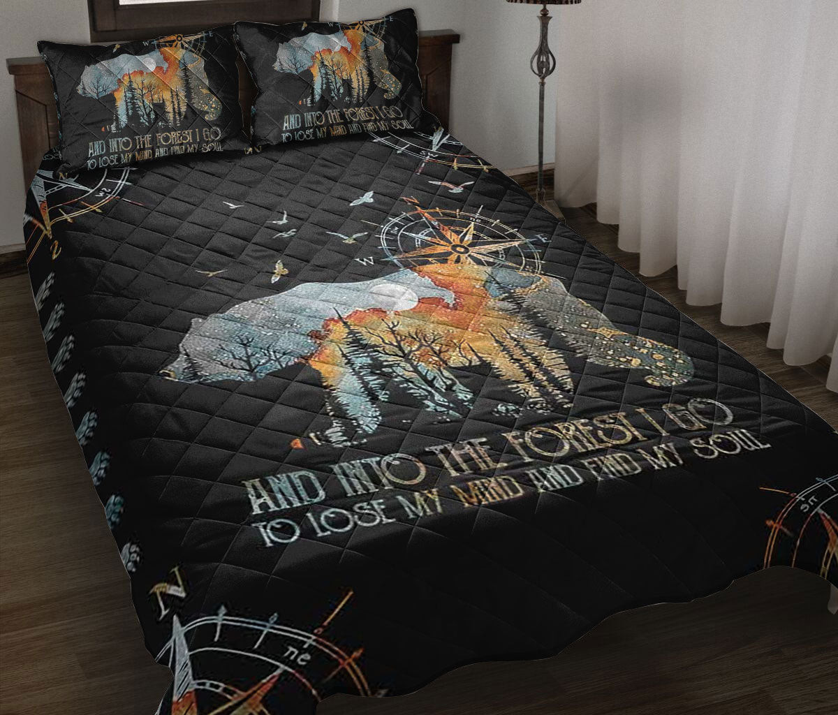Camping Quilt Bedding Set, Camping Bear And Into Theest I Go Earth Color Quilt Blanket With Pillowcases, Duvet Cover Set