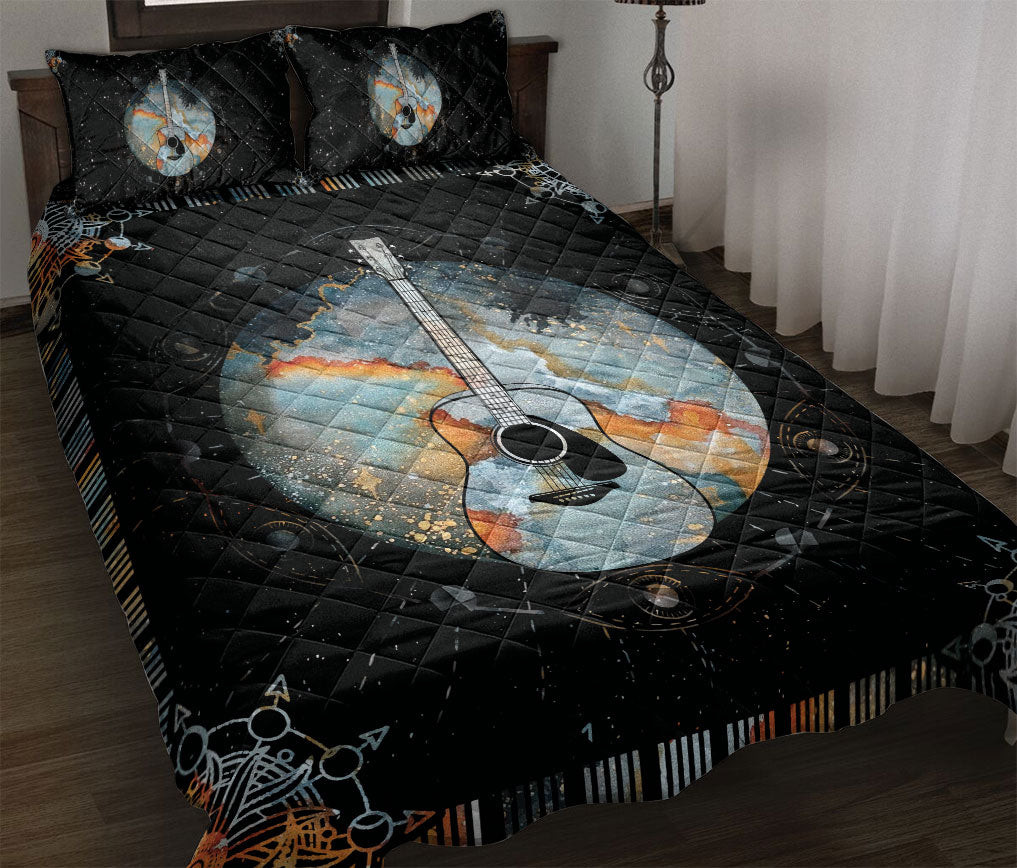Guitar Quilt Bedding Set, Guitar Guitarist Mandala Black Quilt Blanket With Pillowcases, Duvet Cover Set