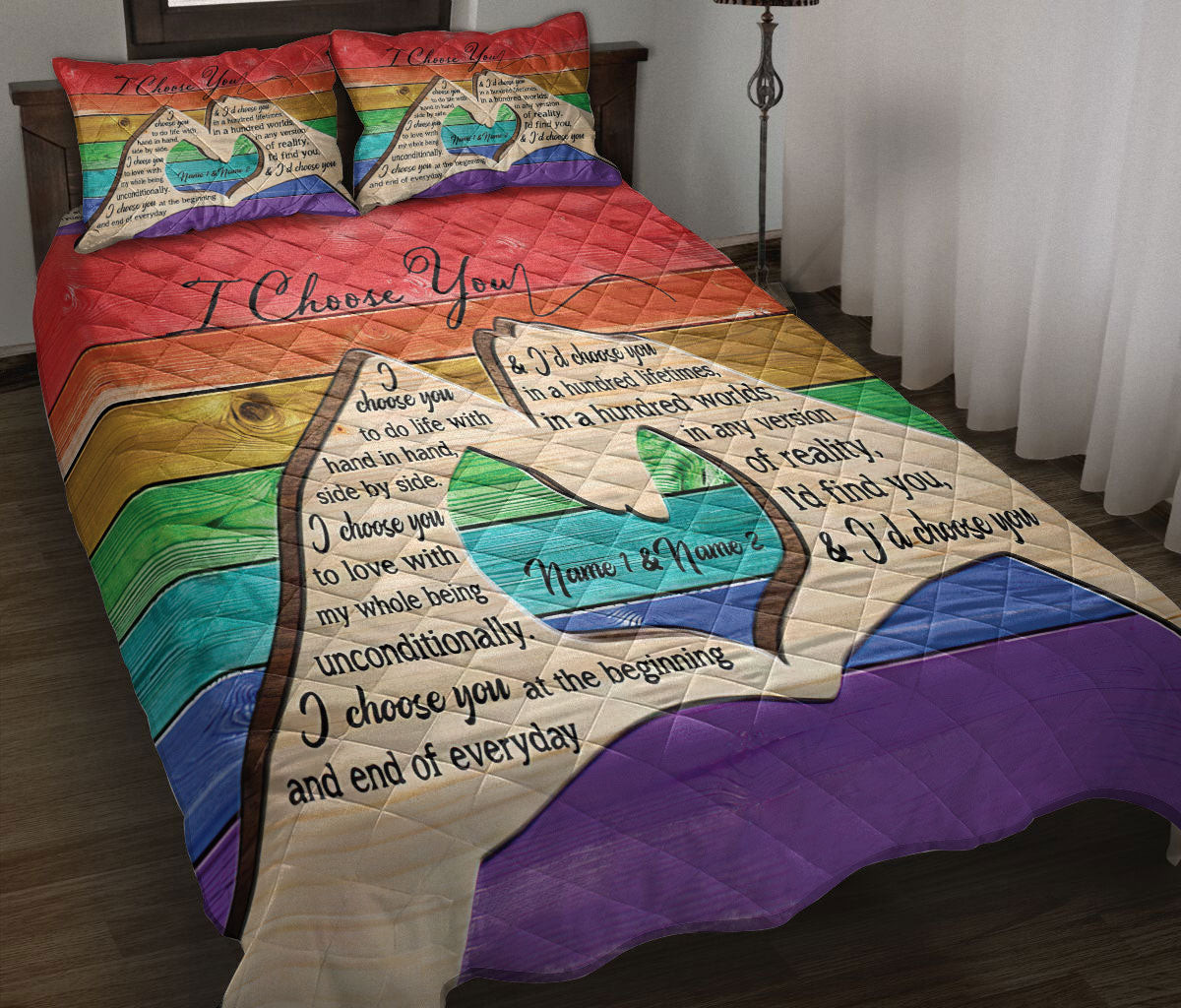 LGBT Quilt Bedding Set, I Choose You Lgbt Pride Rainbow Heart Hand Love Quilt Blanket With Pillowcases, Duvet Cover Set