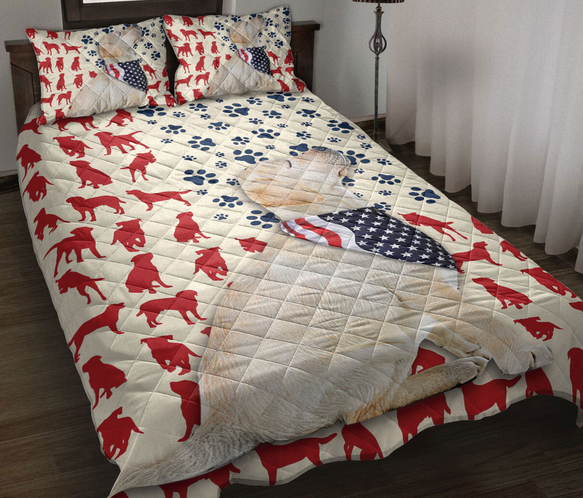 Labrador Retriever Quilt Bedding Set, American Us Flag Patriotic Labrador Retriever Dog Quilt Blanket With Pillowcases, Duvet Cover Set