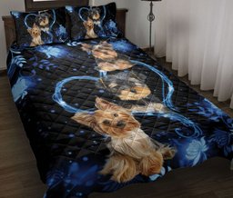 Yorkshire Quilt Bedding Set, Yorkshire Terrier Yorkie Shorkie Blue Heart Floral Dog Quilt Blanket With Pillowcases, Duvet Cover Set
