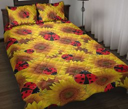 Sunflower Quilt Bedding Set, Sunflower Lady Bug Decor Plant Things Yellow Quilt Blanket With Pillowcases, Duvet Cover Set