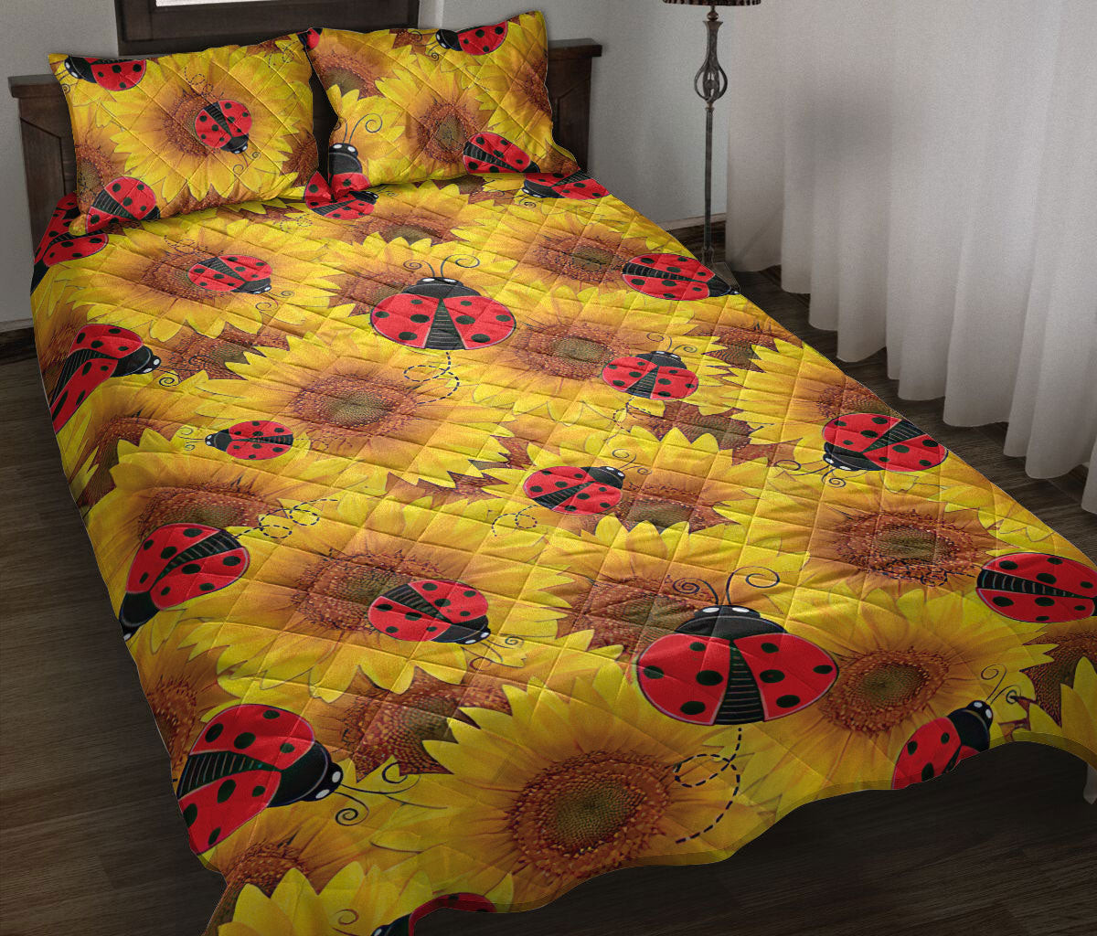 Sunflower Quilt Bedding Set, Sunflower Lady Bug Decor Plant Things Yellow Quilt Blanket With Pillowcases, Duvet Cover Set