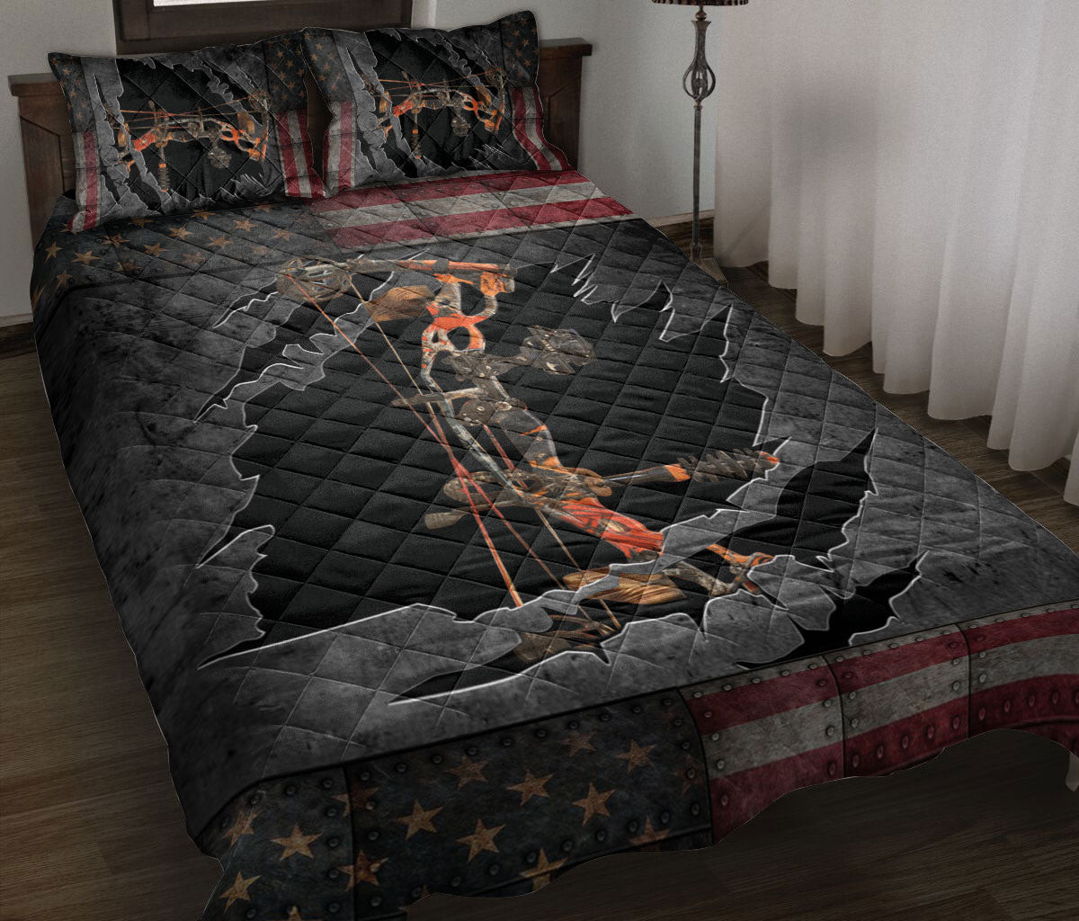 Hunting Quilt Bedding Set, Archery Orange Us Flag Bow Hunting Quilt Blanket With Pillowcases, Duvet Cover Set