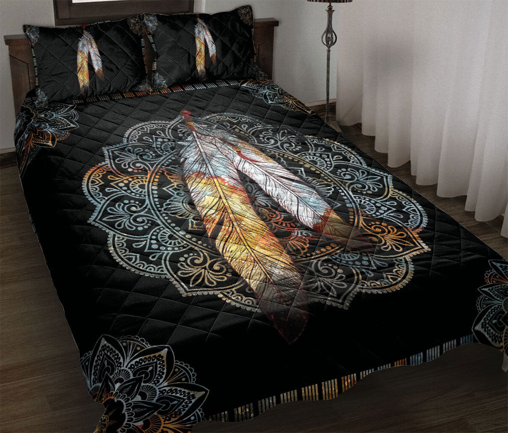 Native American Quilt Bedding Set, Mandala Native Indigeno Us Feather Black Quilt Blanket With Pillowcases, Duvet Cover Set