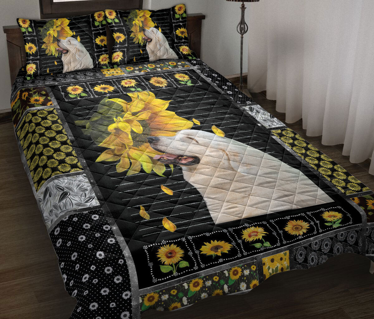 Great Pyrenees Quilt Bedding Set, Cute Great Pyrenees Dog Puppy Sunflower Patchwork Black Quilt Blanket With Pillowcases, Duvet Cover Set