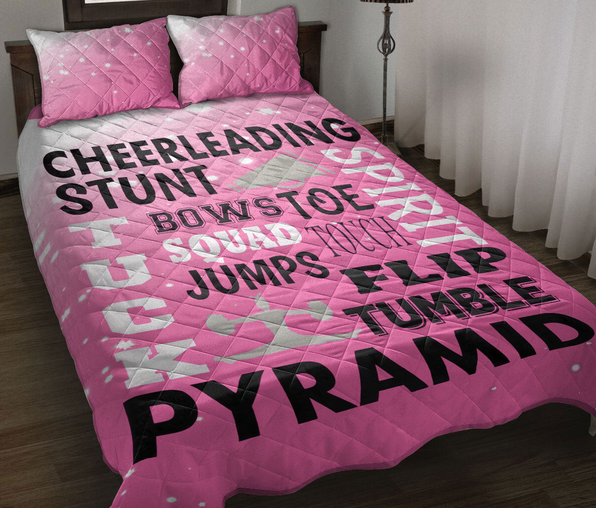 Cheerleading Quilt Bedding Set, Cheerleading Spirit Tumble Pyramid Quilt Blanket With Pillowcases, Duvet Cover Set