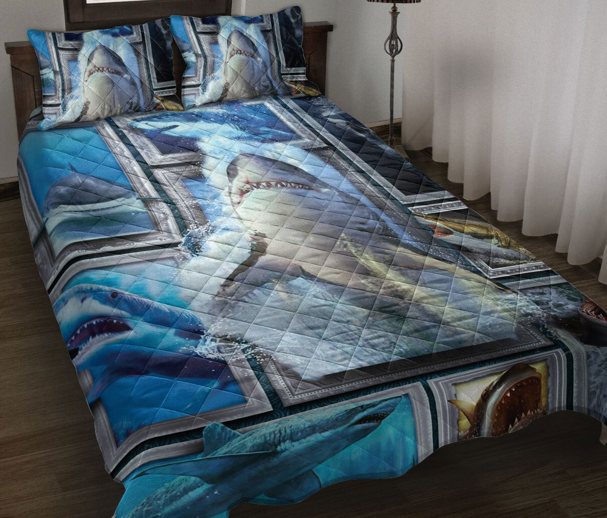 Shark Quilt Bedding Set, Shark Frame Patchwork Floral Ocean Quilt Blanket With Pillowcases, Duvet Cover Set