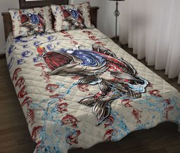 Fishing Quilt Bedding Set, Fishing Big Bass Fish Us Flag Quilt Blanket With Pillowcases, Duvet Cover Set