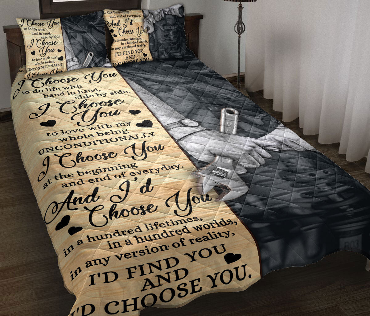 Mechanic Quilt Bedding Set, Mechanic I'd Find You & I'd Choose You Couple Husband & Wife Quilt Blanket With Pillowcases, Duvet Cover Set